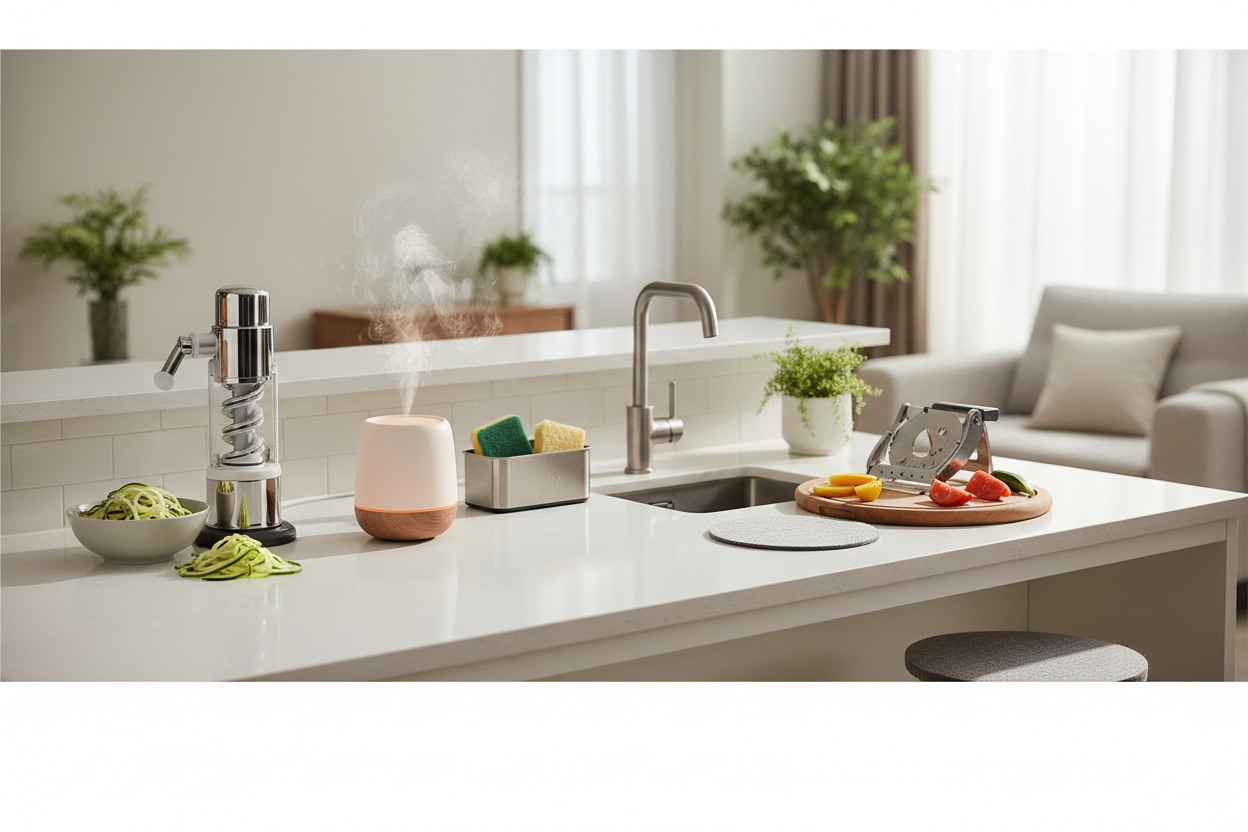 A bright, modern household and kitchen-themed banner featuring a clean countertop scene. Include a mix of useful home items such as a vegetable spiralizer, an aroma diffuser with soft warm light, a small sink storage rack, a cutting or slicing tool, and a furniture protector pad. Show them arranged neatly in a natural home setting. Use warm lighting, soft shadows, and a welcoming, cozy atmosphere. Style should feel fresh, organized, and family-friendly. Add subtle highlights to create a sense of quality and
